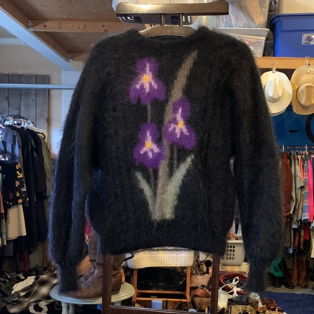 Poof! Black Sweater with Purple Floral Design